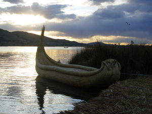 Reed boat parked up beside a floating island
