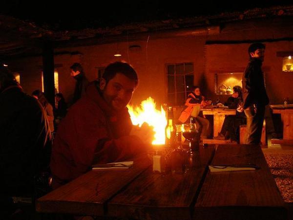 An open fire in a restaurant in San Pedro.