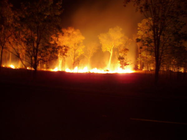 A fire front at night