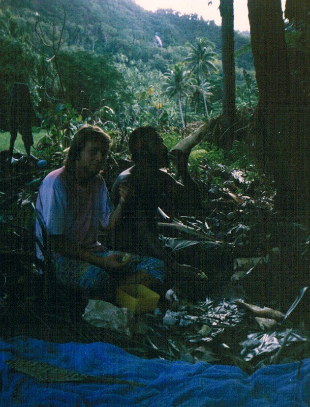 Rusi and I preparing food for the lovo, Venua Levu jungle 
