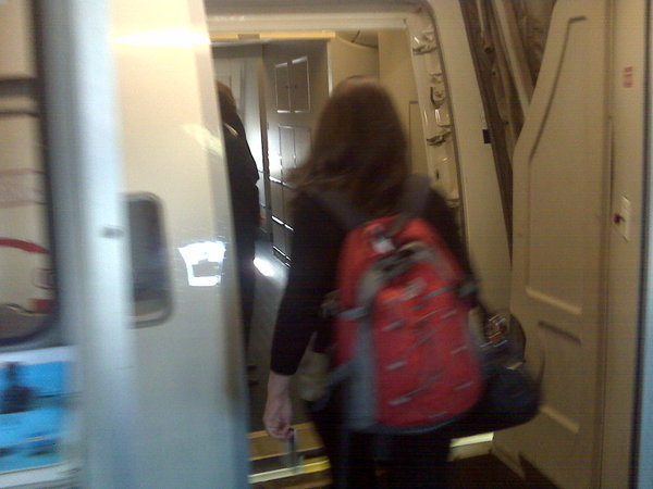 Lesley boarding the planes