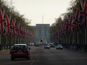 Union Jacks line the street to the Palace