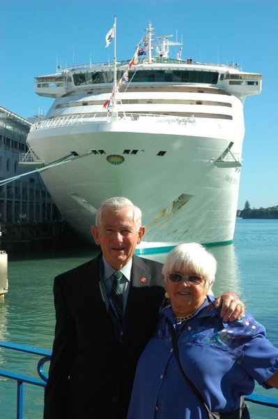 Mum and Dad in front of their cruise ship