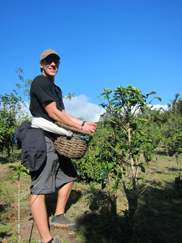 Evan wearing a basket -- to pick the berries