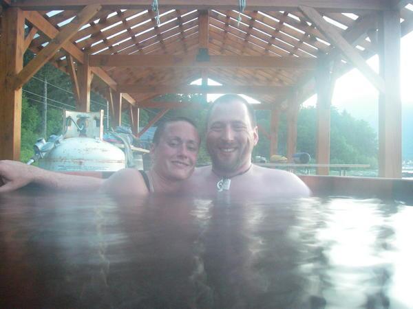 Hanging out in Ned's cedar hot tub on the beach
