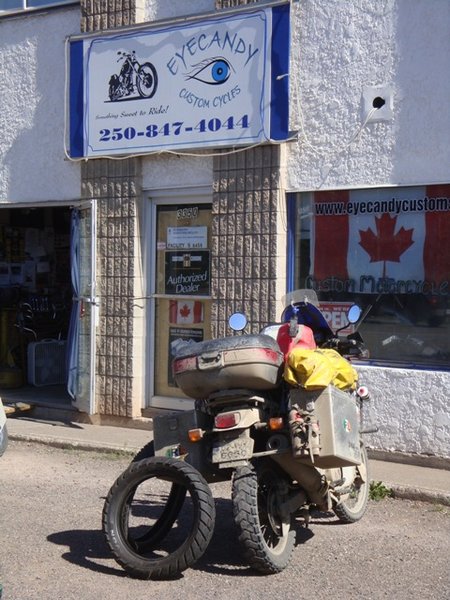 Sam's Motorcycle shop in Smithers AKA Eye Candy. This guy HAS to be the nicest person in Western Canada! He gave Patrick 2 partially worn tires for nothing and wished him all the best. Pay this guy a visit if you're passing through Smithers BC.