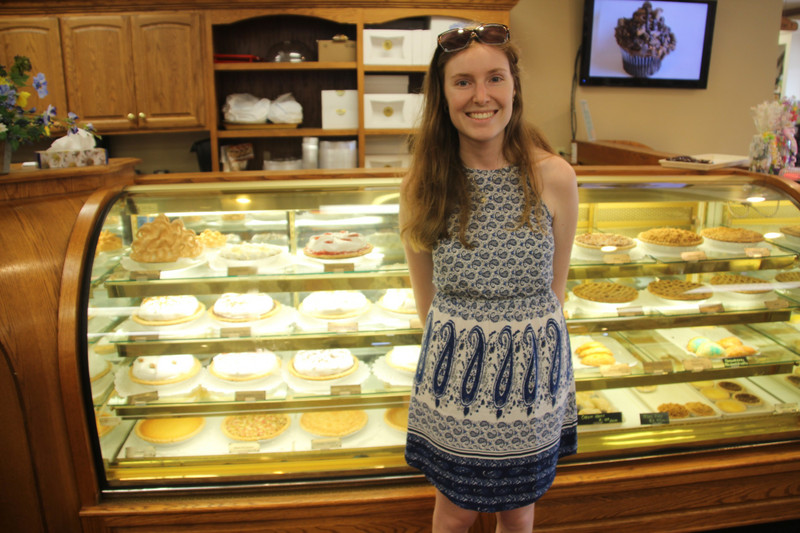 Elise in heaven at the Blue Gate Bakery in Shipshewana