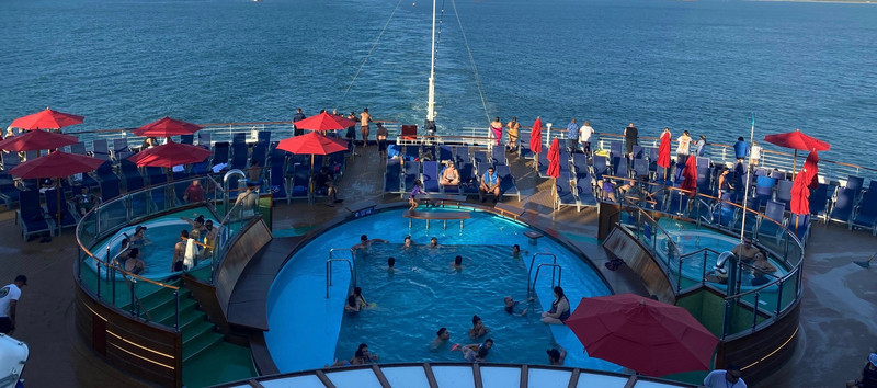 View of the swimming pool at the back of the ship on Deck 10