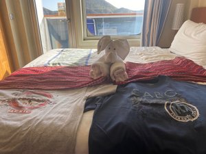 Nice towel folding creation from our room steward “I Made” and my new t-shirts from Cabo