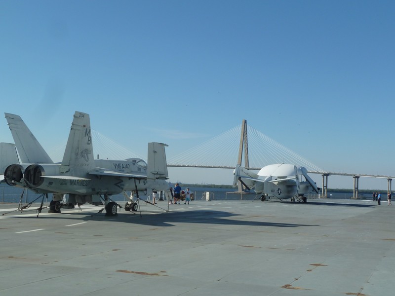 Flight deck of USS Yorktown # 1 with Arthur Ravenel Jr Bridge in background