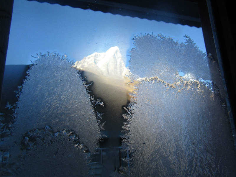 Frozen condensation on room windows in the morning