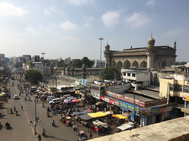 The streets below Charminar; Mecca Masjid in distance