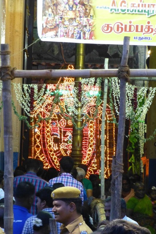 Lighted display just inside temple entrance