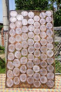 Rice paper drying on a rack in the sun