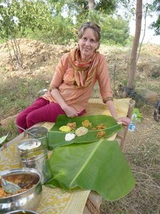 Eating a picnic lunch in the village. Food was prepared by my friend Karikalan's mother