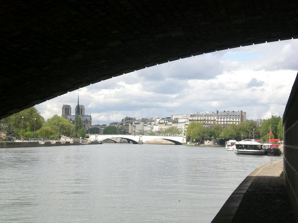 Notre Dame from beneath a bridge