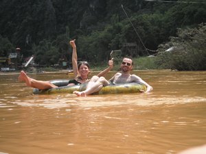 Michelle and Darren 'in the tubing' floating down the Mekong.