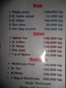 One of the many, 'Happy', alternative menus in Vang Vieng. No wonder people were totally off their heads.