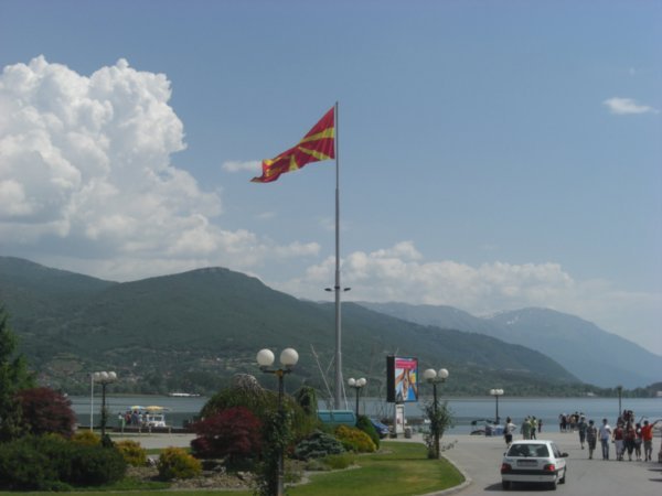 The colourful Macedonian flag at the lakeside
