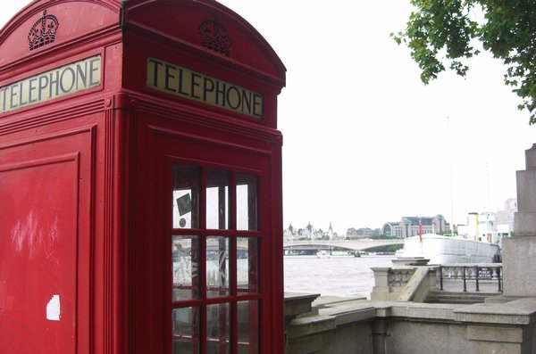 A London phonebox overlooks the Thames