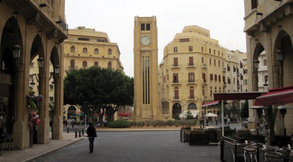 A clock tower guards Nejmeh Square