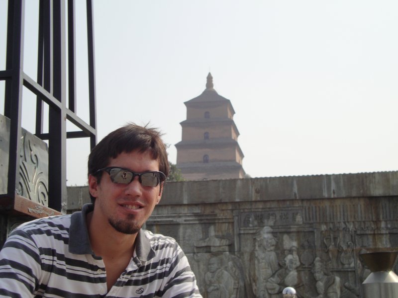 Sitting in front of the Big Goose Pagoda in Xi'an