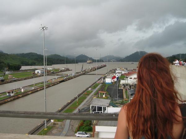 Lila Looking at the Miraflores Locks of the Panama Canal