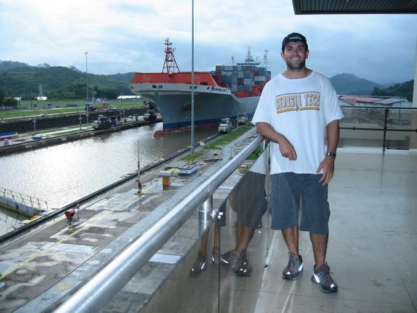 Joe and the Miraflores Locks with a Big Ship on the Way