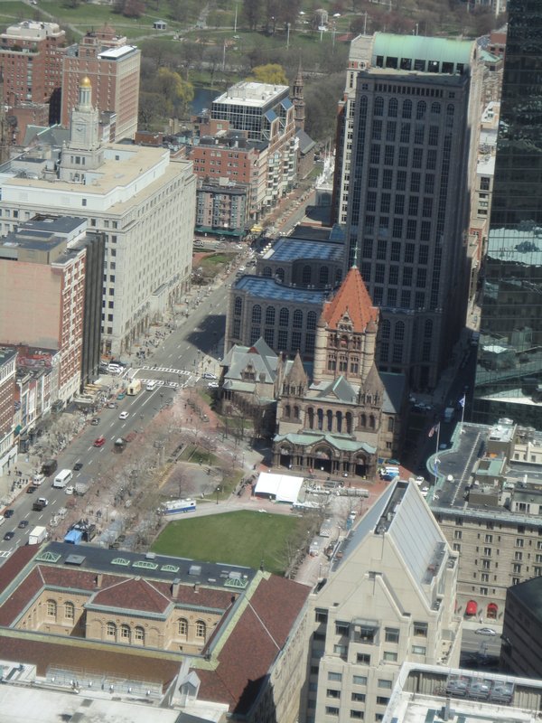 top of the Prudential tower, view of Copley place, Boston Library and Trinity Church, Boston, Apr15 2011 (2)