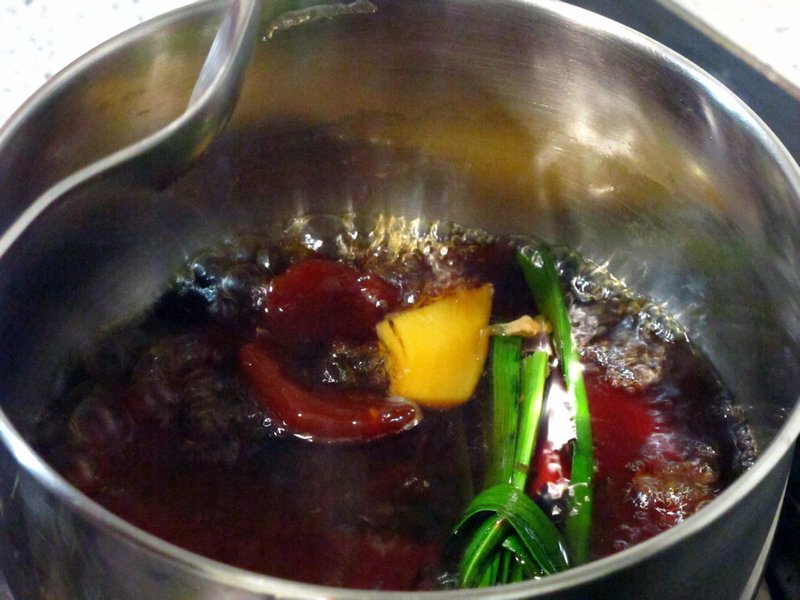 Boiling Gula Melaka, Ginger & Pandan Leaves