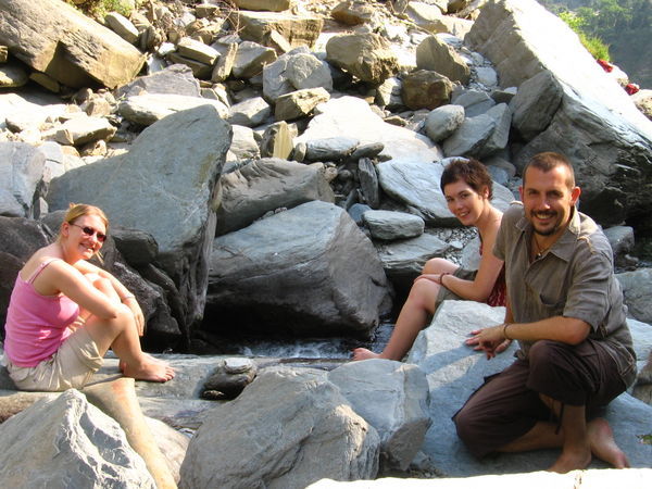Cara, Claire and Tel above Bhagsu waterfall