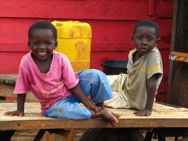 Two boys at a roadside truck stop