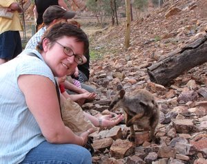 Clare feeding Black Footed Rock Wallaby