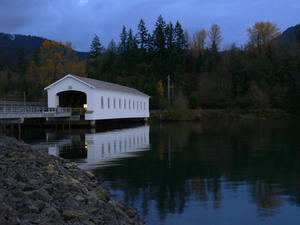 Covered bridge, Dexter Lake, Eugene