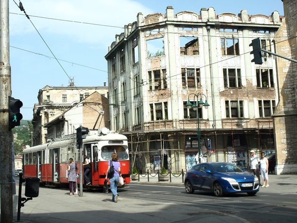 Tram and blown up department store in Sarajevo