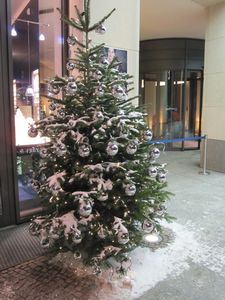 this is a christmas tree in front of a store but that is REAL snow on it!!!!! WHAT???? I didn't even know that was possible!