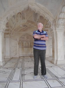 Agra Red Fort and Bob in the white marble mosque and a very slippery floor as it had just rained