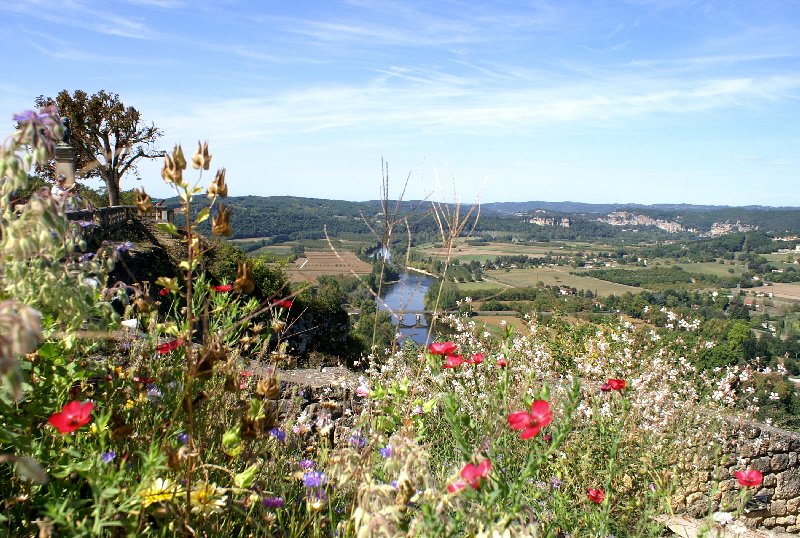 Flowery view of the Dordogne valley from the top of Domme