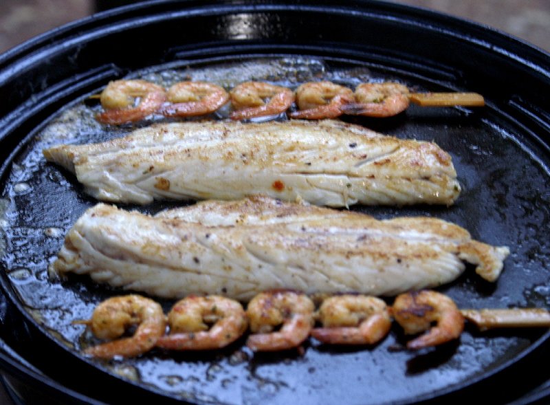 Pure Gold Sea Bass (and brochettes de crevettes)