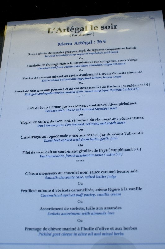 Dinner menu at L'Artigal
