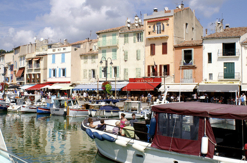 Cassis Harbour lined with restaurants