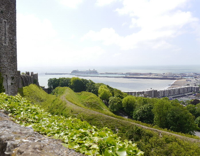 Dover Castle - view across the harbour to a cruise ship in port  - many of the passengers were visiting the castle