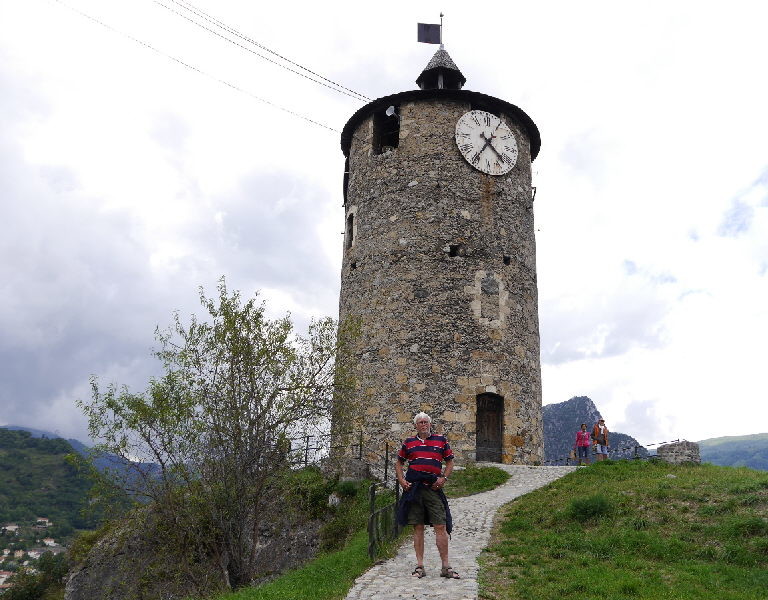 Tarascon-sur-Ariege old clock tower and young Bob
