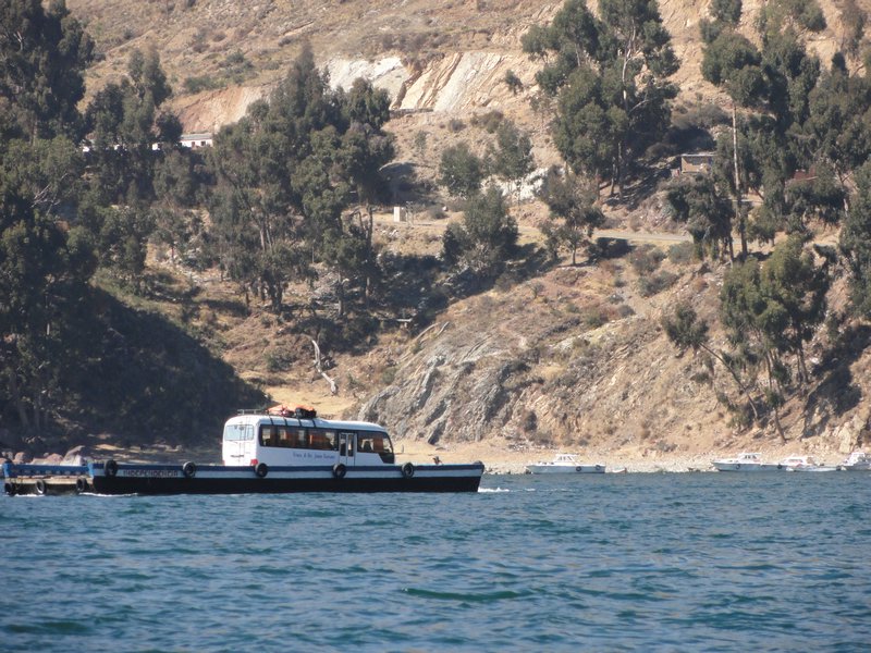 Our bus being ferried across Lake Titicaca