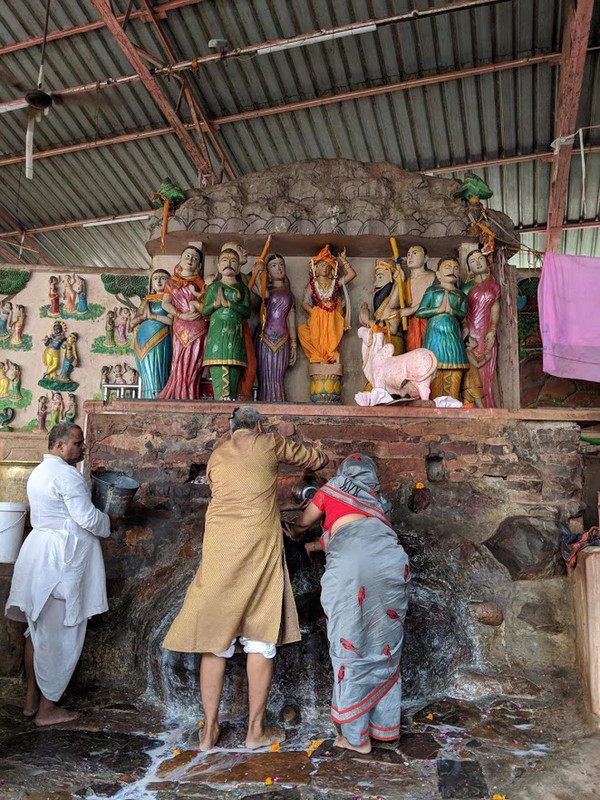 Temple built where Krishna carried Govardhan hill, middle of the 21km parikrama around the hill
