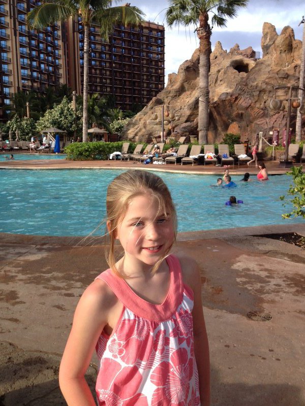 Maggie not wanting her picture at the Aulani pool