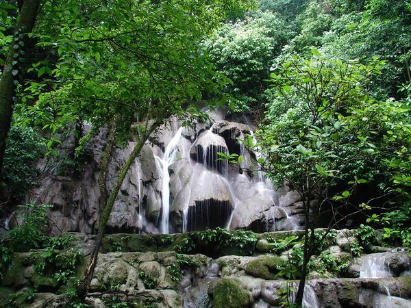 a waterfall  in the rainforest at the ruins