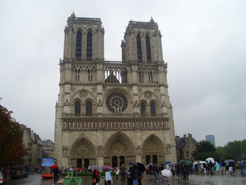 Notre dame from land on a rainy day