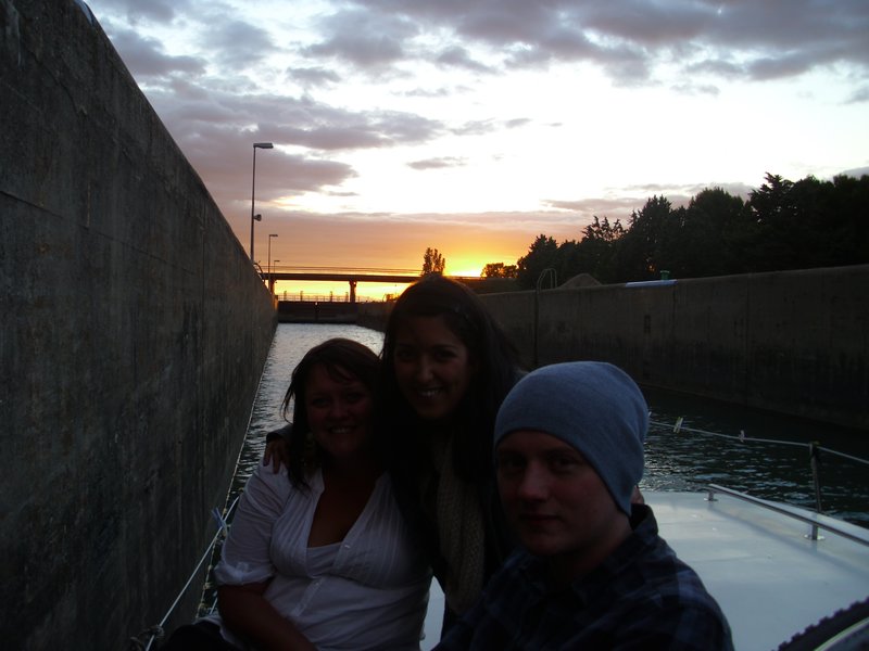 Me, Becky and Fred in the lock that took us onto the Canal Du Rhone a Sete