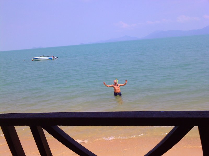 Mike in the sea ... the view from our hut at Mae Nam